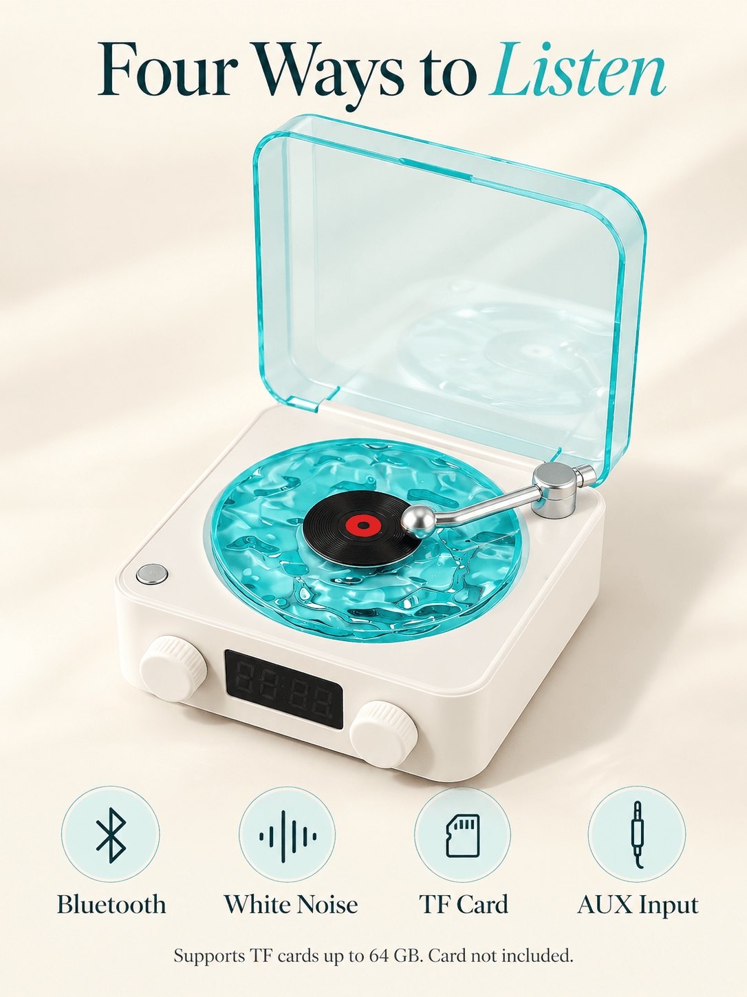 Retro Record Player Style Speaker with Water-Ripple Night Light & Digital Clock