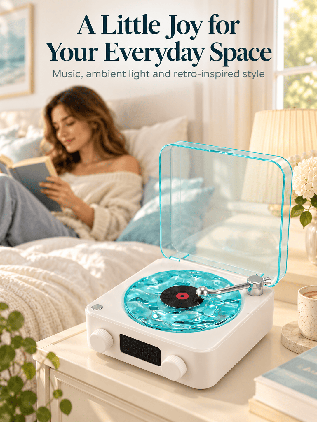 Retro Record Player Style Speaker with Water-Ripple Night Light & Digital Clock