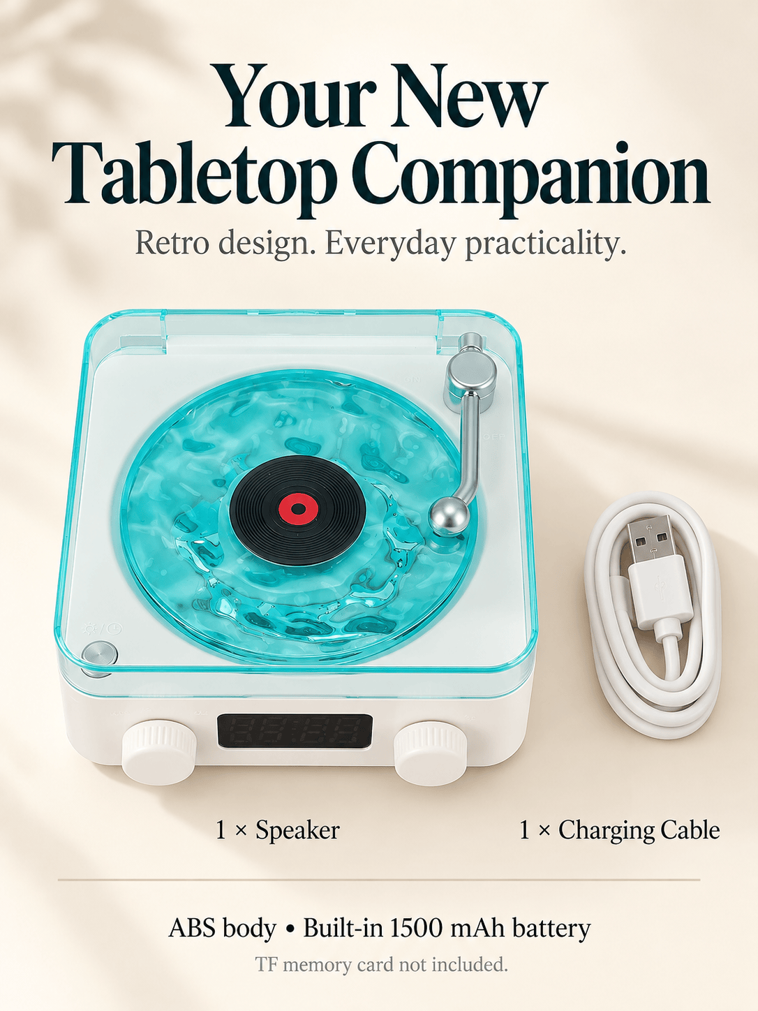 Retro Record Player Style Speaker with Water-Ripple Night Light & Digital Clock
