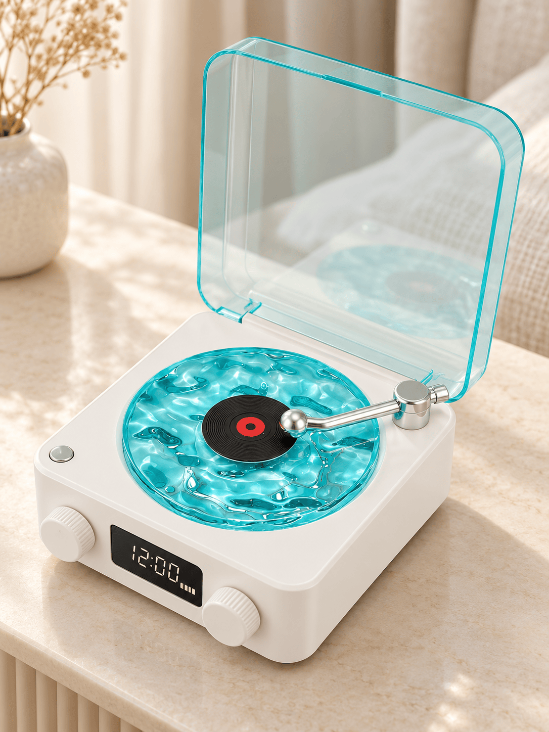Retro Record Player Style Speaker with Water-Ripple Night Light & Digital Clock