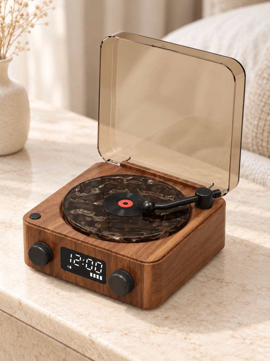 Retro Record Player Style Speaker with Water-Ripple Night Light & Digital Clock