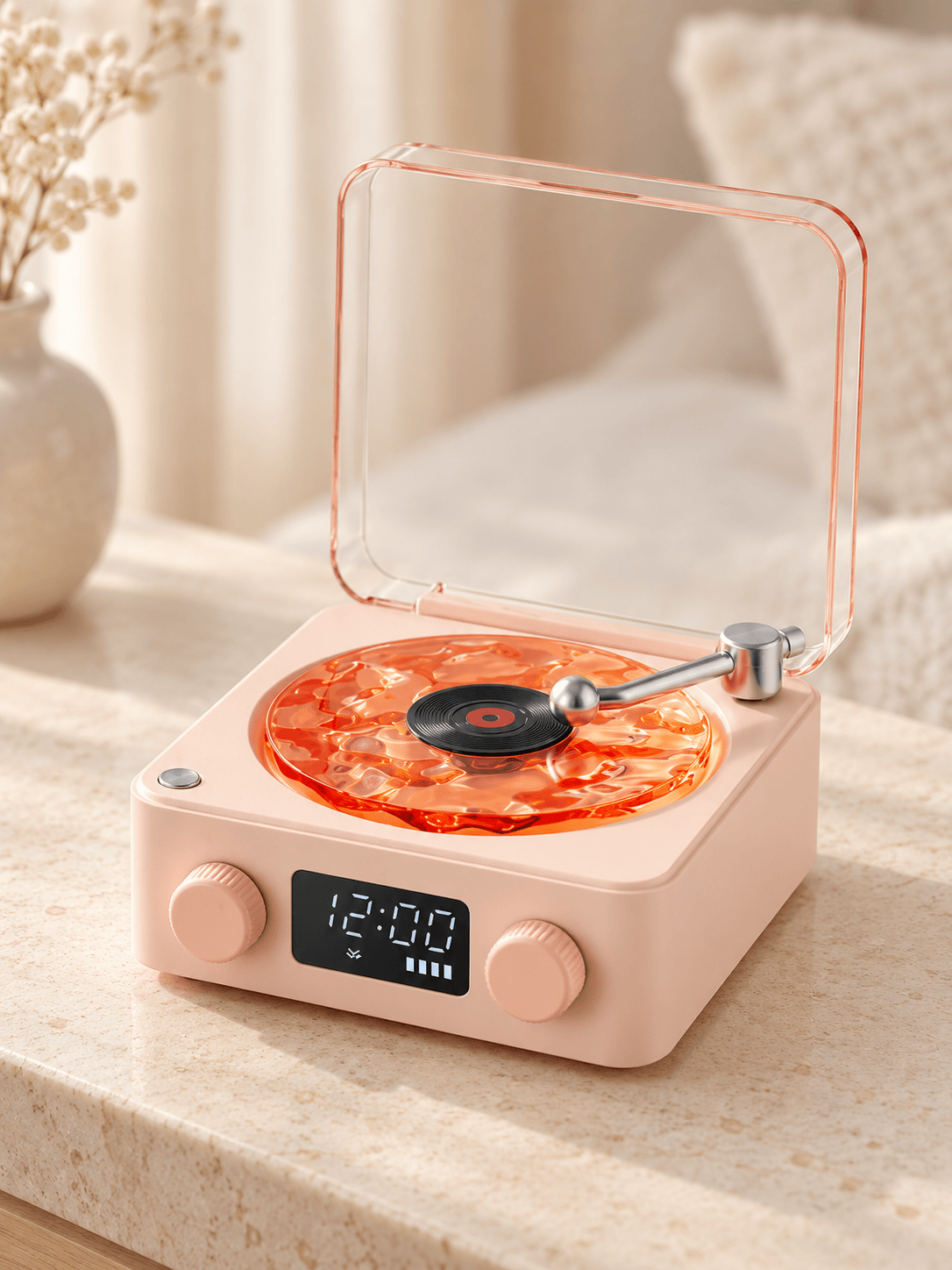 Retro Record Player Style Speaker with Water-Ripple Night Light & Digital Clock