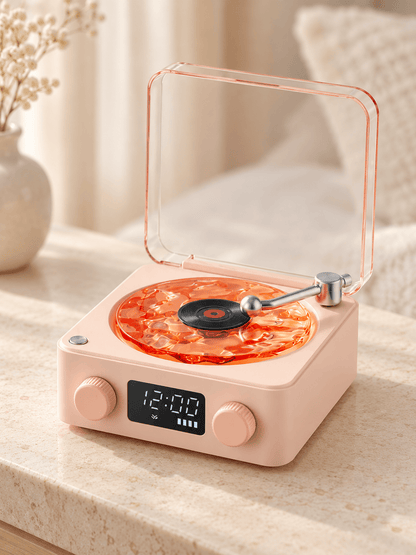 Retro Record Player Style Speaker with Water-Ripple Night Light & Digital Clock