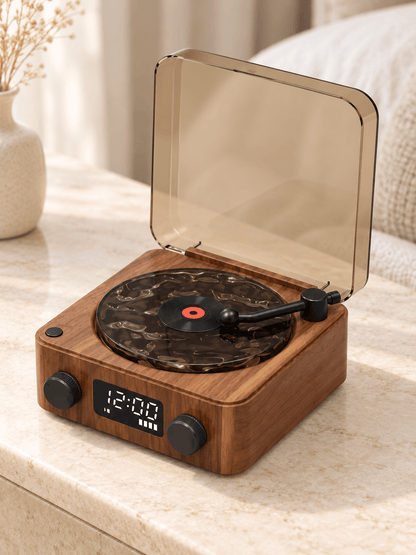 Retro Record Player Style Speaker with Water-Ripple Night Light & Digital Clock