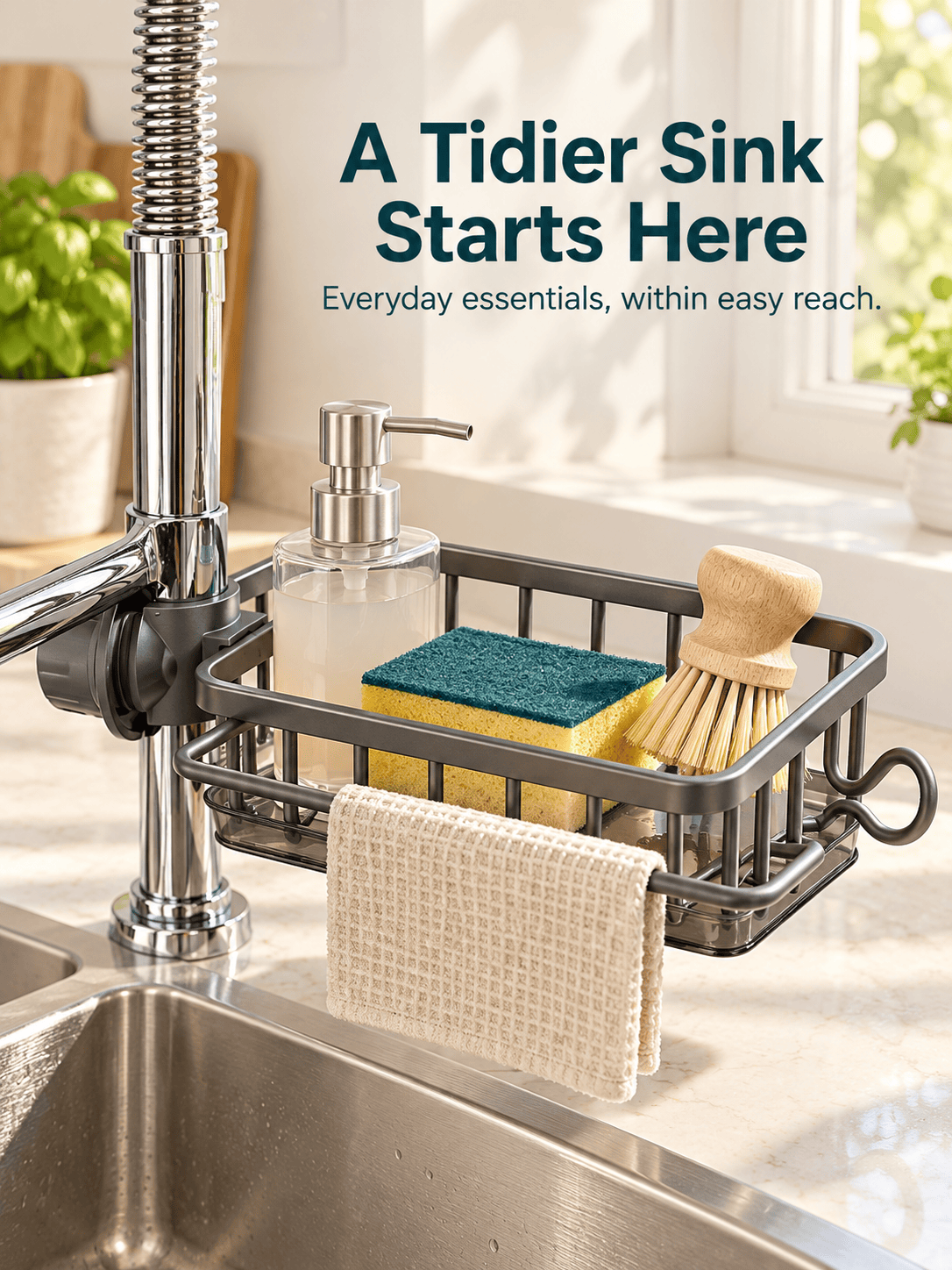 Adjustable Faucet Sink Caddy with Removable Drip Tray